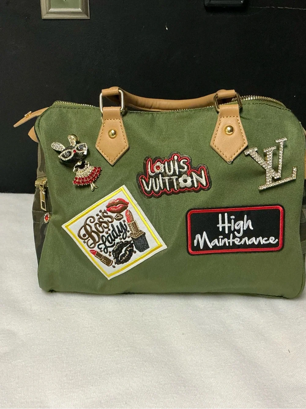 Green Camo Patch Satchel Bag with Tan Handles